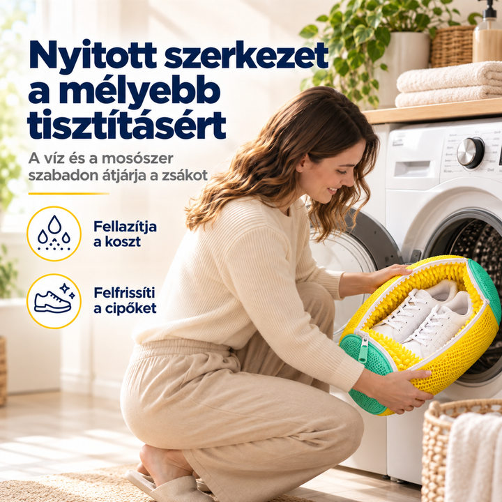 Mosolygó nő guggolva helyezi a cipős sárga mosózsákot a mosógépbe 4