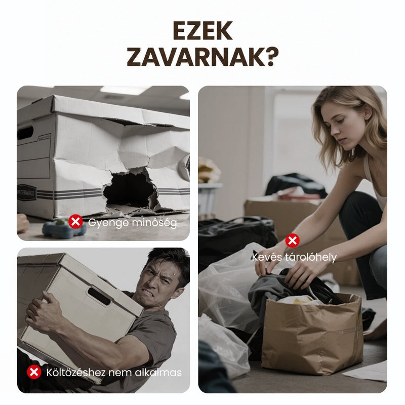 Három jelenet gyenge megoldásokról: szakadt kartondoboz, egy férfi nehezen cipel egy dobozt, egy nő túlzsúfolt papírzacskóban pakol ruhát. 2