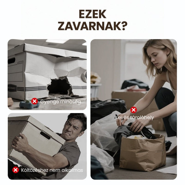 Három jelenet gyenge megoldásokról: szakadt kartondoboz, egy férfi nehezen cipel egy dobozt, egy nő túlzsúfolt papírzacskóban pakol ruhát. 2