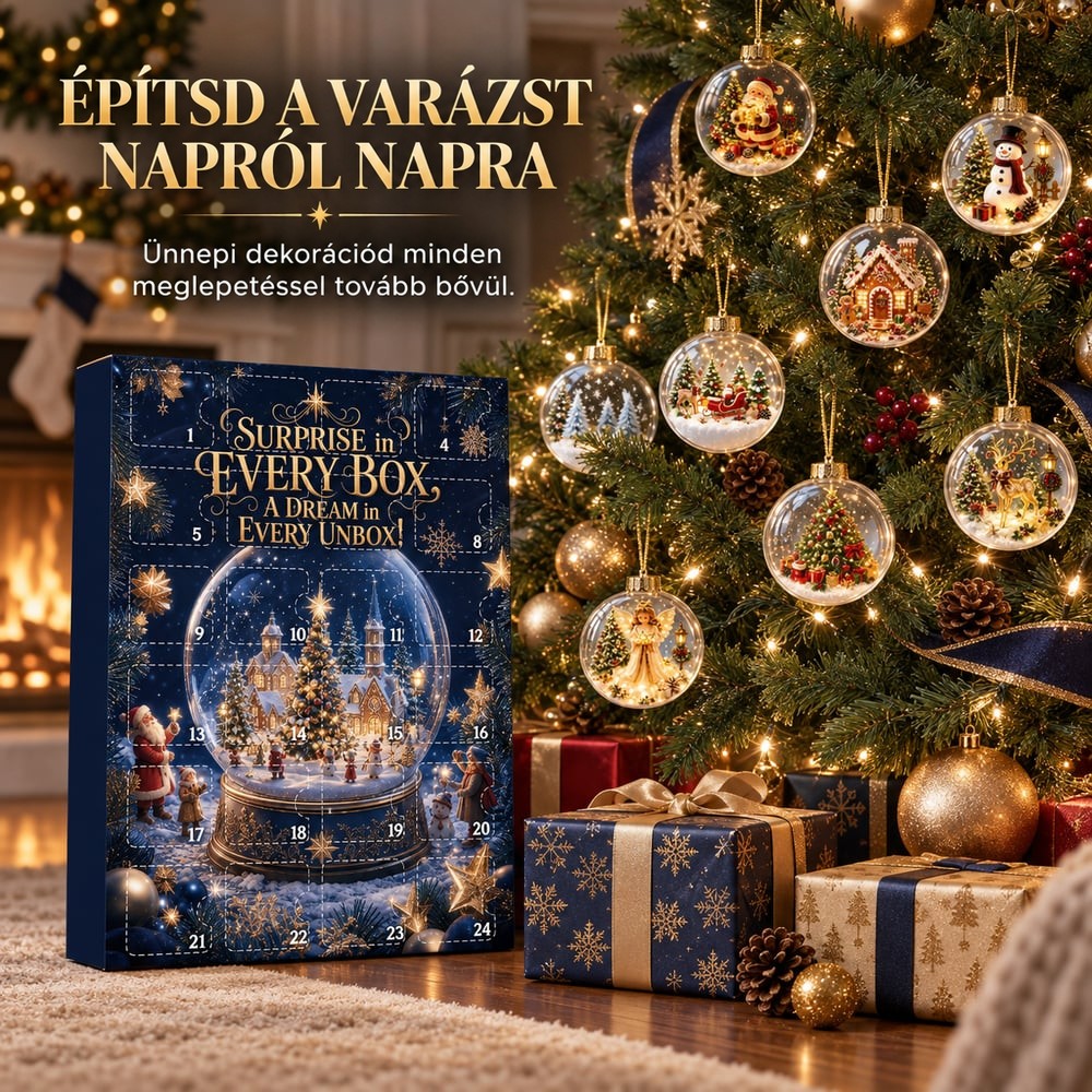 Az adventi naptár a kandalló mellett áll, mellette a karácsonyfán lógó átlátszó gömbdíszek és ajándékcsomagok 5