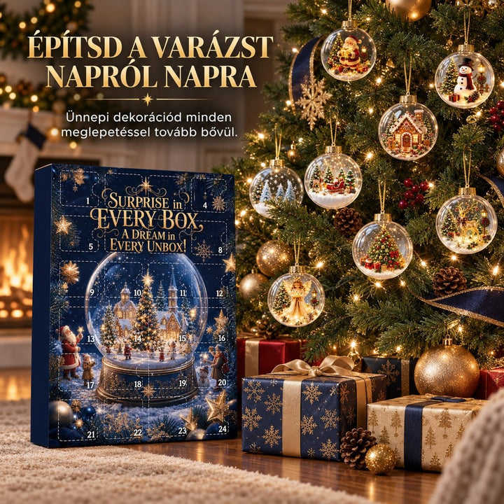 Az adventi naptár a kandalló mellett áll, mellette a karácsonyfán lógó átlátszó gömbdíszek és ajándékcsomagok 5