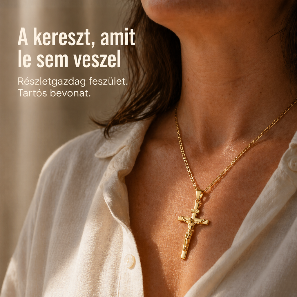 Egy nő nyakán, fehér vászoning felett viselt arany színű feszület, Figaro láncon, közeli felvétel 1