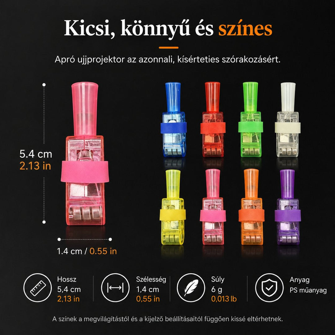 Méretábra egy nagyított ujjra húzható műanyag lámpáról, mellette nyolc különböző színű változat sötét háttéren 11