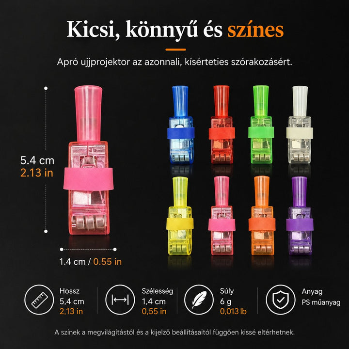 Méretábra egy nagyított ujjra húzható műanyag lámpáról, mellette nyolc különböző színű változat sötét háttéren 11