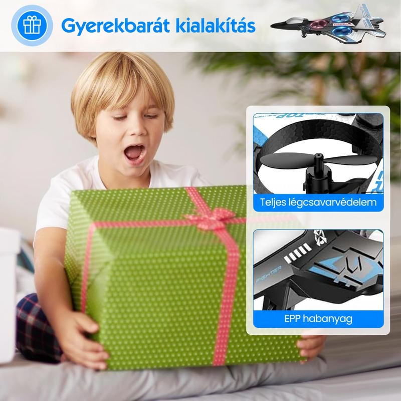 Meglepett kisfiú egy zöld, piros masnis ajándékdobozt tart; mellette a propellervédők és a habanyag test közeli képei. 5