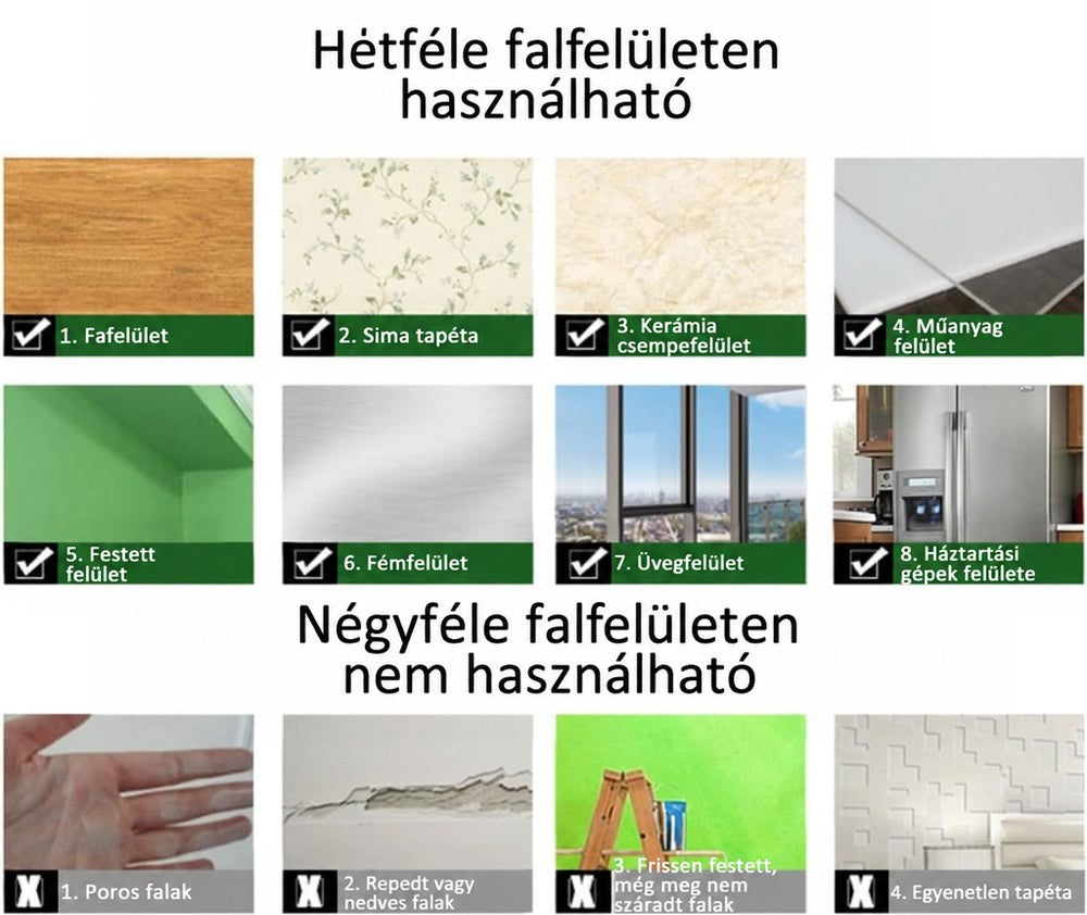 Összehasonlító kép arról, mely felületekre ragasztható a tükörlap: fa, tapéta, csempe, műanyag, festett, fém és üveg, illetve melyekre nem. 5