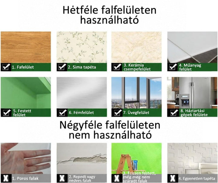Összehasonlító kép arról, mely felületekre ragasztható a tükörlap: fa, tapéta, csempe, műanyag, festett, fém és üveg, illetve melyekre nem. 5