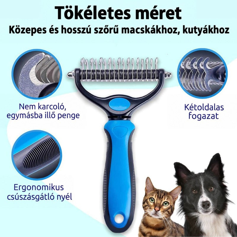 Kék-fekete ápoló gereblye kiemelt jellemzőkkel: kétoldalas fogak, kímélő beágyazott penge és csúszásmentes markolat, mellette egy macska és egy kutya. 1