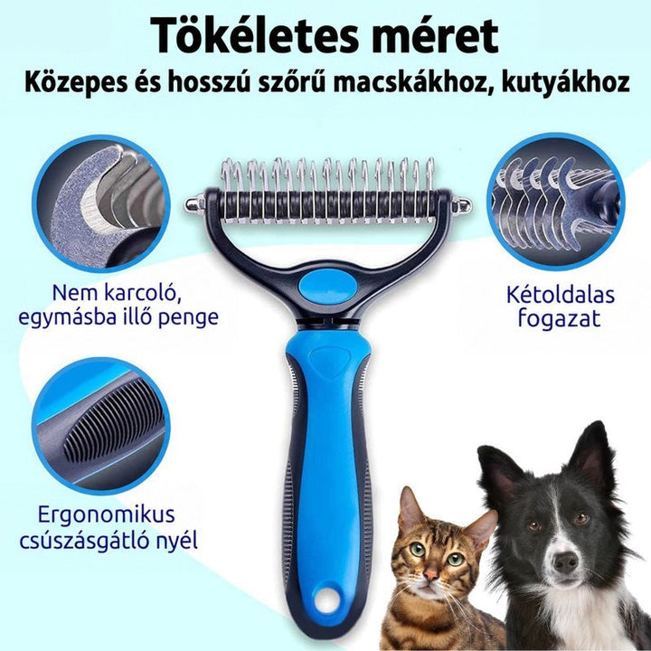 Kék-fekete ápoló gereblye kiemelt jellemzőkkel: kétoldalas fogak, kímélő beágyazott penge és csúszásmentes markolat, mellette egy macska és egy kutya. 1