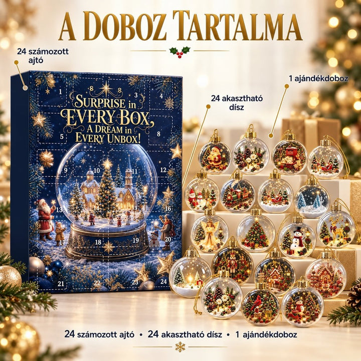 A csomag tartalma: a számozott ajtós dobozon kívül jól látszik a tizennyolc kirakott, különböző jelenetes gömbdísz 8