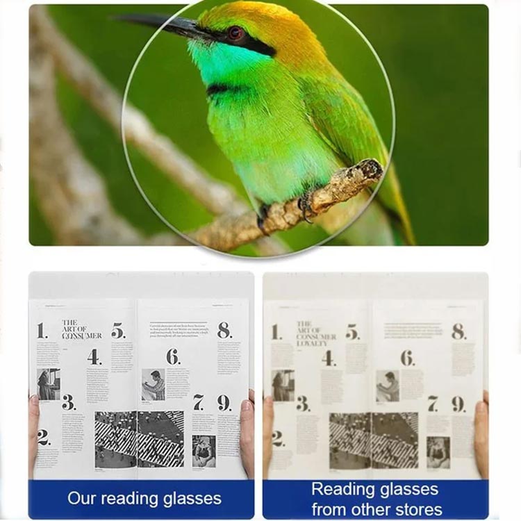 Összehasonlító ábra két olvasószemüvegről, élénkebb és halványabb képpel.