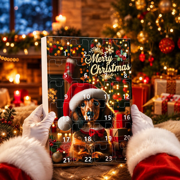 Télapó fehér kesztyűs kezében az adventi naptár doboza, karácsonyfa és ajándékok fényei előtt. 5