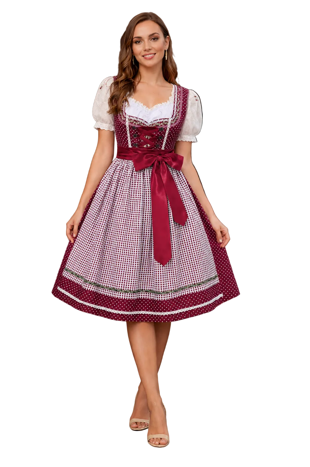 Bordó pöttyös dirndl elölnézetből fehér puffos ujjú blúzzal, kockás köténnyel és elöl fűzéssel.