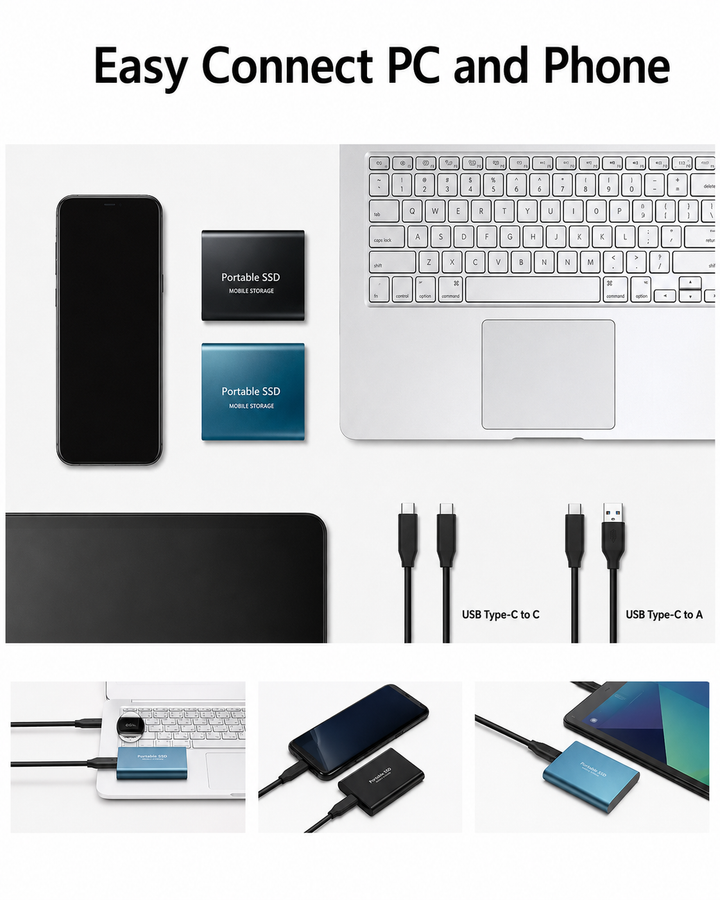 Felülnézeti elrendezés: SSD meghajtók telefon, laptop és tablet mellett, két kábeltípussal, alul három kép a csatlakoztatásról. 4