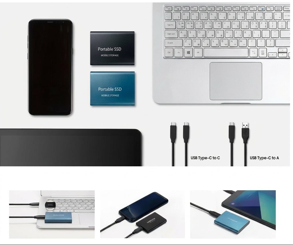 Fekete és kék SSD telefon és laptop mellett, két kábellel, alatta három csatlakoztatási példa laptoppal, telefonnal 5