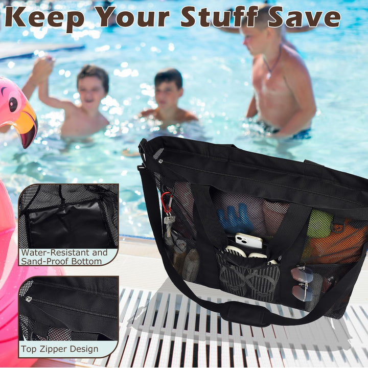 Vásárolj 1-et, és a második ingyen – Extra nagy átlátszó hálós tengerparti táska 8 zsebbel – ClearWave