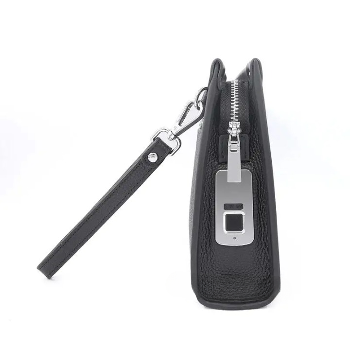 Férfi valódi bőr üzleti pénztárca ujjlenyomat-zárral – Fekete