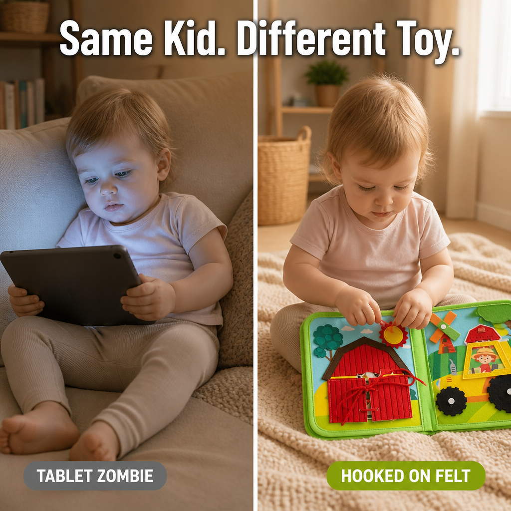 Kisgyerek tablet és nyitott zöld filc könyv közötti összehasonlítás a szőnyegen.