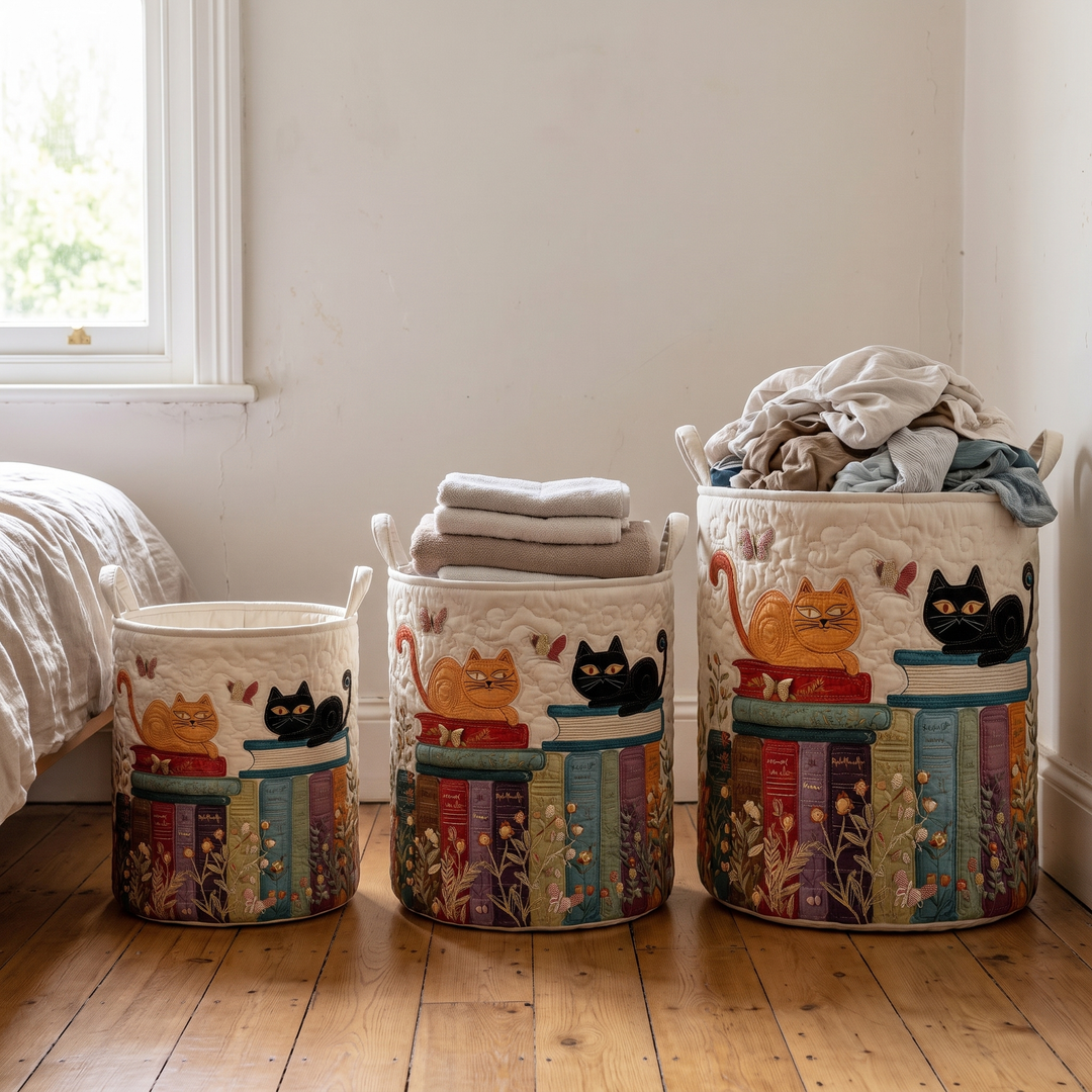 Három méretű beige, macskás mintás textil szennyeskosár sorban, másik nézetből.