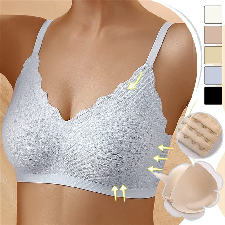 Világos bralette modellen, mellette öt színminta, háromsoros kapocssor közelije és kivehető, bélésként használható betét.