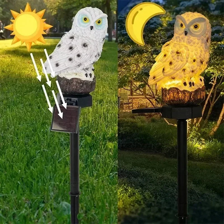 Nappali töltést mutató kép és éjszaka világító foltos bagoly lámpa, mellette nap és hold ábra.