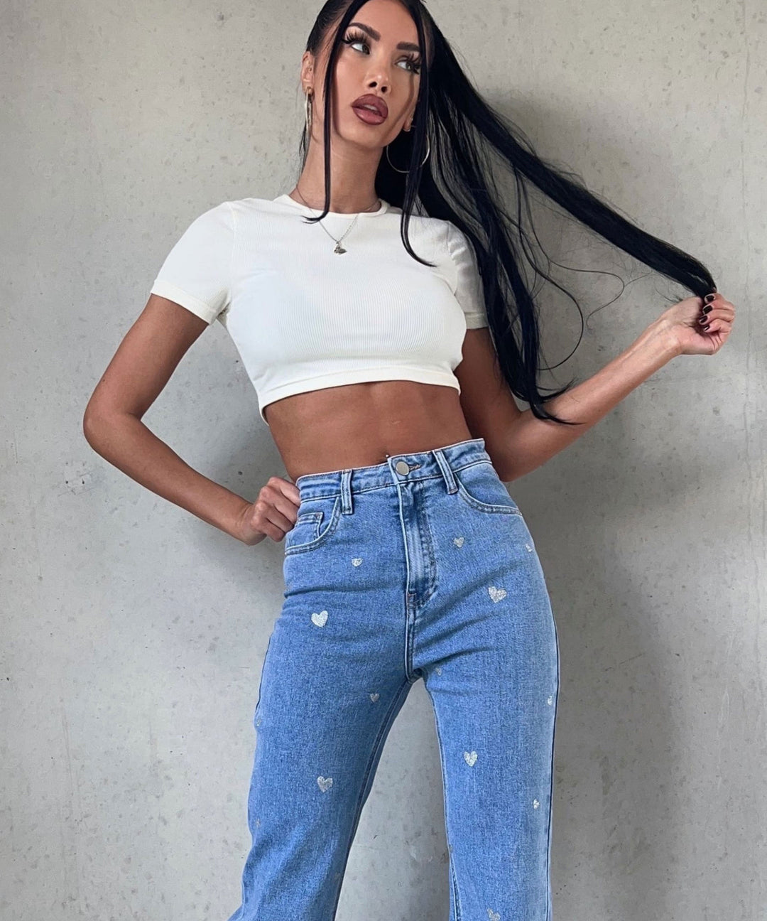 Női Stretch Farmer Széles Szárú és Szívmintás - Amelie