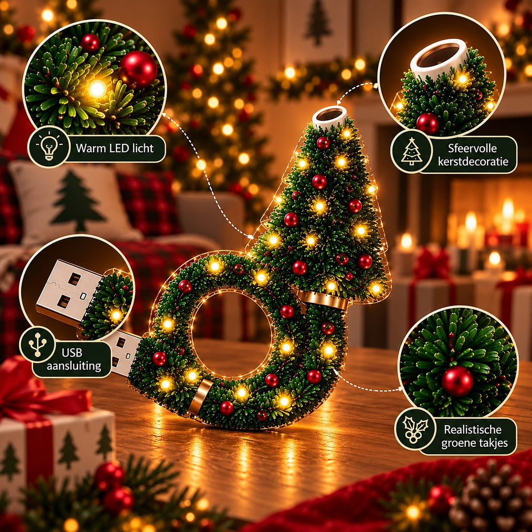 Közeli részletképek a lámpáról: meleg fényű LED-ek, a vetítőnyílás a fa csúcsán, az USB-csatlakozó és a zöld tűleveles díszítés piros gömbbel. 8