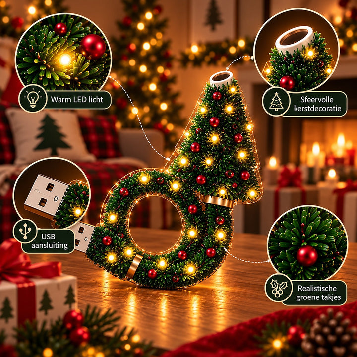 Közeli részletképek a lámpáról: meleg fényű LED-ek, a vetítőnyílás a fa csúcsán, az USB-csatlakozó és a zöld tűleveles díszítés piros gömbbel. 8