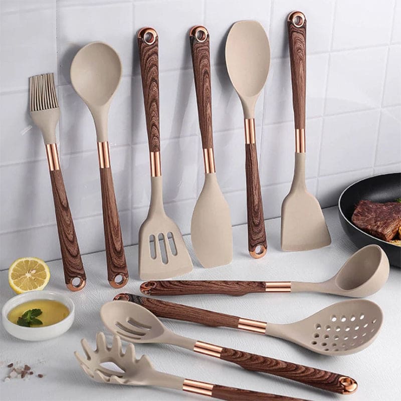 Élelmiszerbiztonsági szilikon konyhai eszközök fa fogantyúval - KitchenElegance