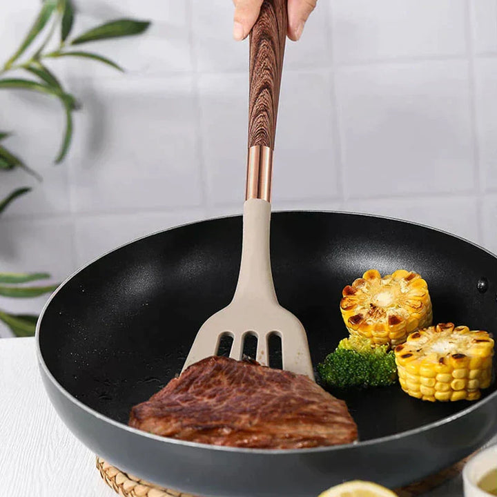 Élelmiszerbiztonsági szilikon konyhai eszközök fa fogantyúval - KitchenElegance