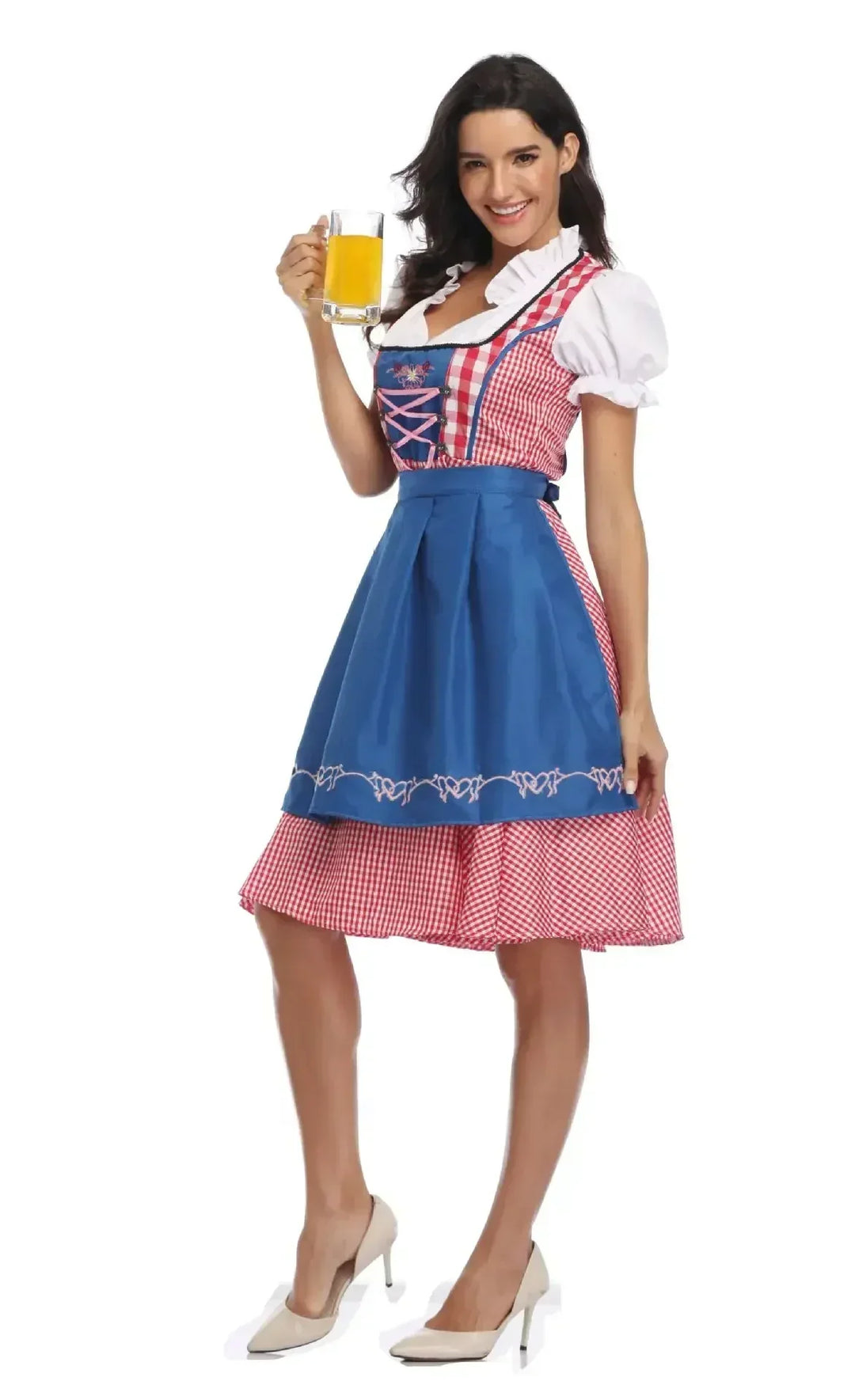 Piros kockás női dirndl kék köténnyel, oldalnézetben.