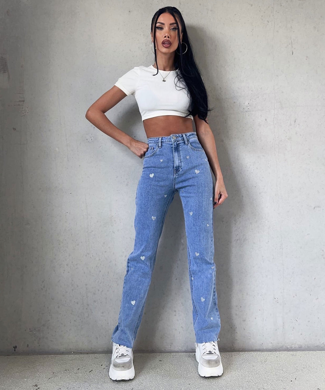 Női Stretch Farmer Széles Szárú és Szívmintás - Amelie