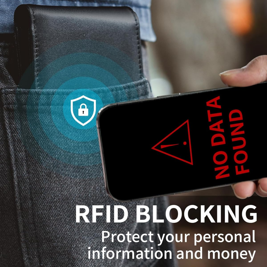 Fekete pénztárca farmerzsebben, előtte telefon, a képen pajzs ikon az RFID-védelem bemutatására.
