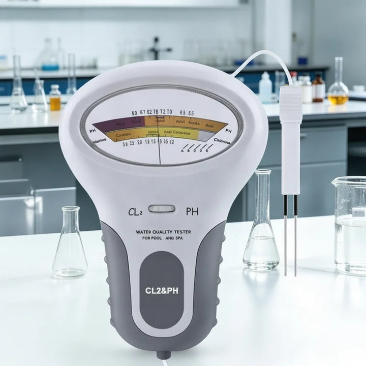 A mérő laboratóriumi asztalon, üvegedények között, mellette a kétágú szonda és a színes analóg skála. 5