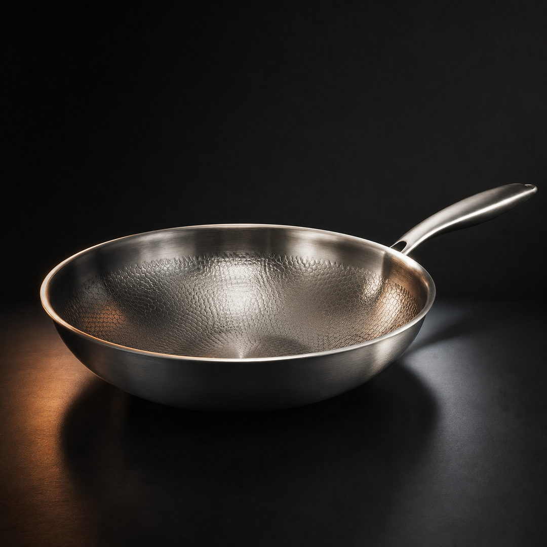 Kalapált titán lapos aljú wok serpenyő oldalról, sötét háttér előtt.