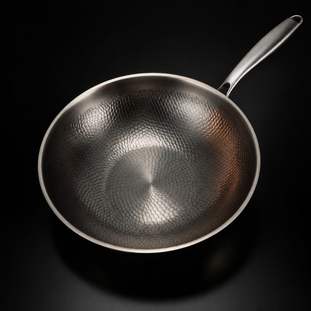 Kalapált titán lapos aljú wok serpenyő felülnézetben, a kalapált belső felülettel és hosszú fém nyéllel.