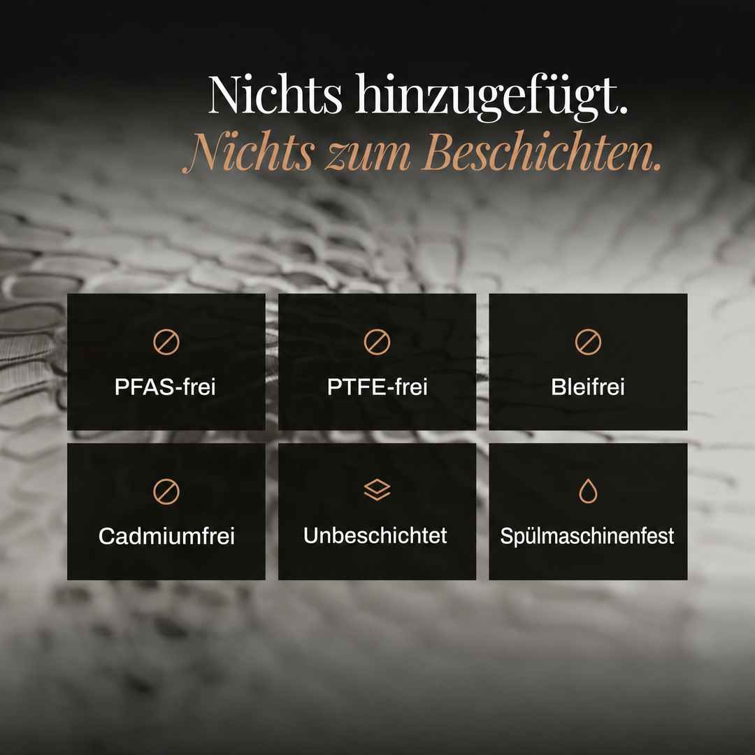 Kézzel kalapált titán wokserpenyő lapos aljjal kalapált fémfelülete nagyítva, PFAS-, PTFE-, ólom- és kadmiummentes ikonokkal.