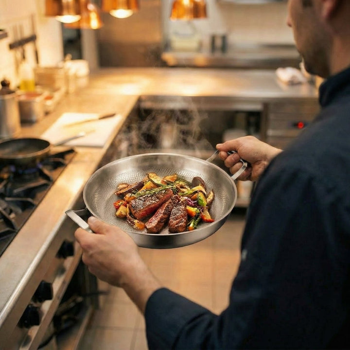 Szakács két kézzel tartja a két fogantyúnál fogva a serpenyőt, amelyben steakszeletek és sült zöldségek gőzölögnek egy konyhában. 6