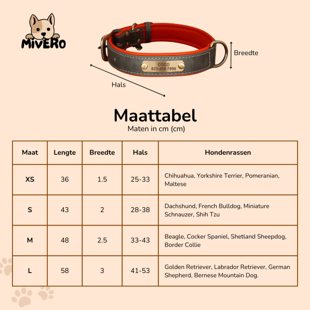 Méretezési táblázat négy mérettel, nyakörv-ábrával és ajánlott kutyafajtákkal.