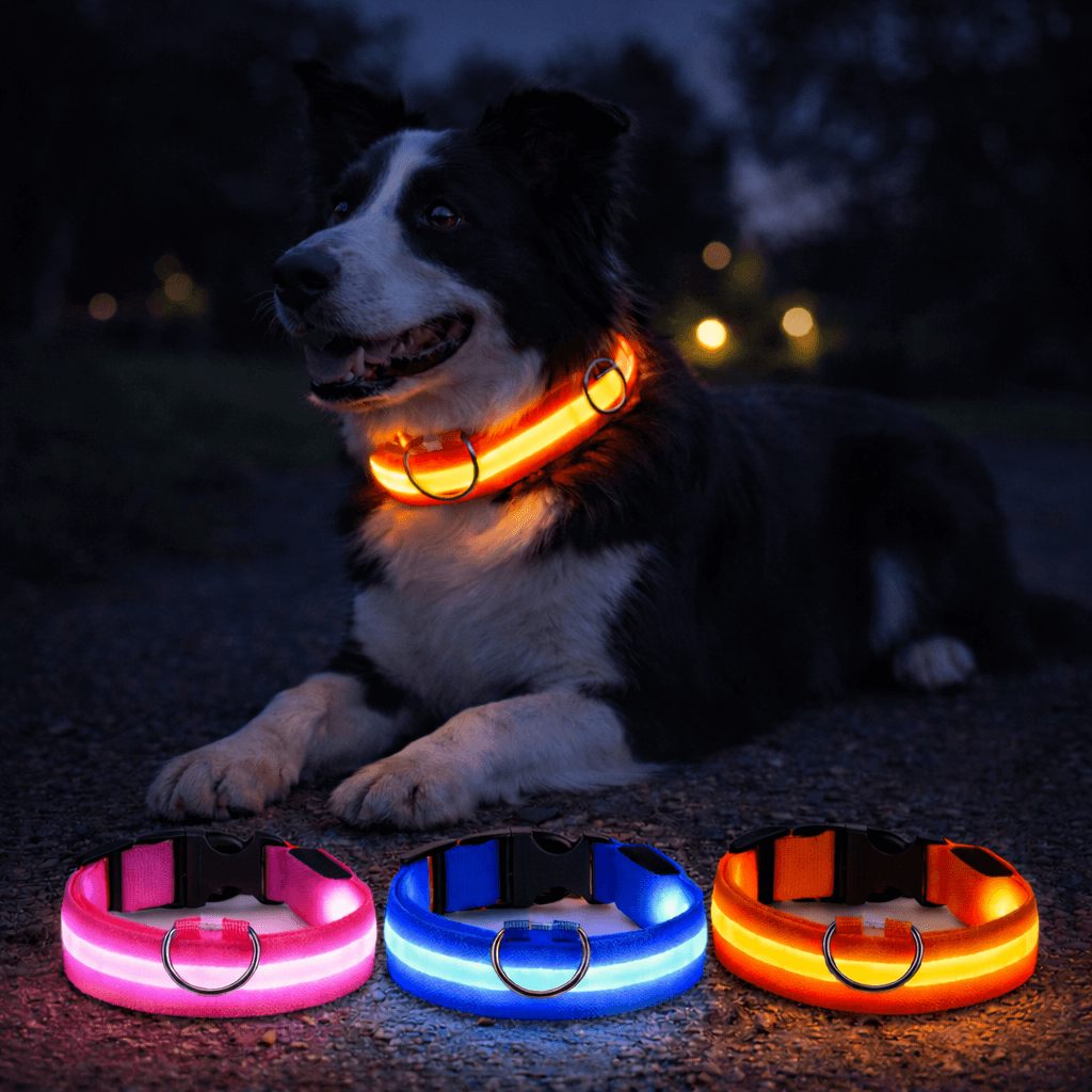 Éjszaka fekvő bordercollie narancsszínben világító nyakörvben, előtte sorban egy rózsaszín, egy kék és egy narancs nyakörv. 3