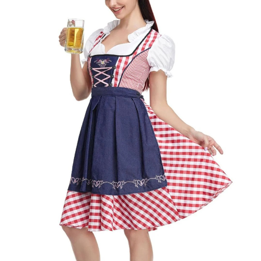 Piros kockás dirndl sötétkék köténnyel és fűzős felsőrésszel, másik nézetben.