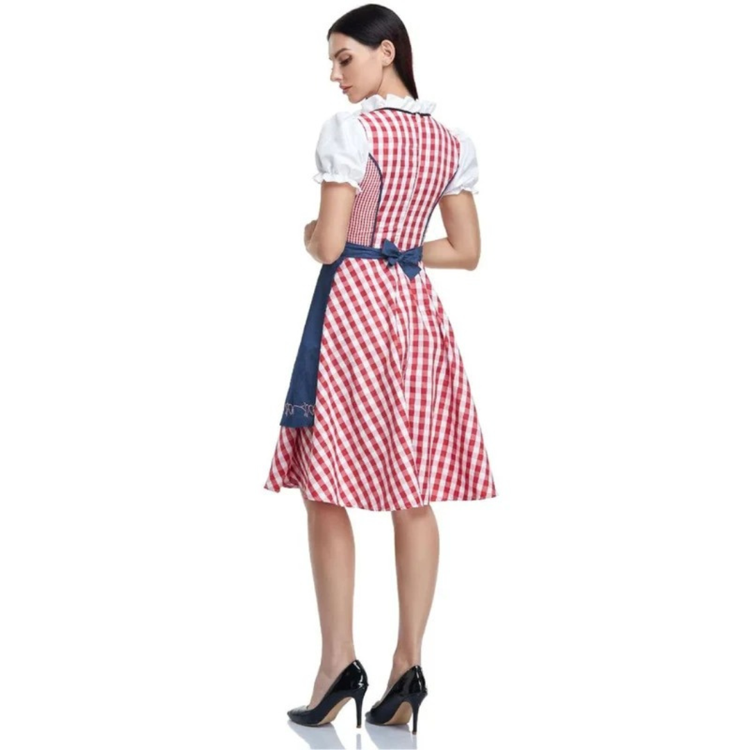 Piros-fehér kockás dirndl hátrésze kék köténnyel, hátulnézetben.
