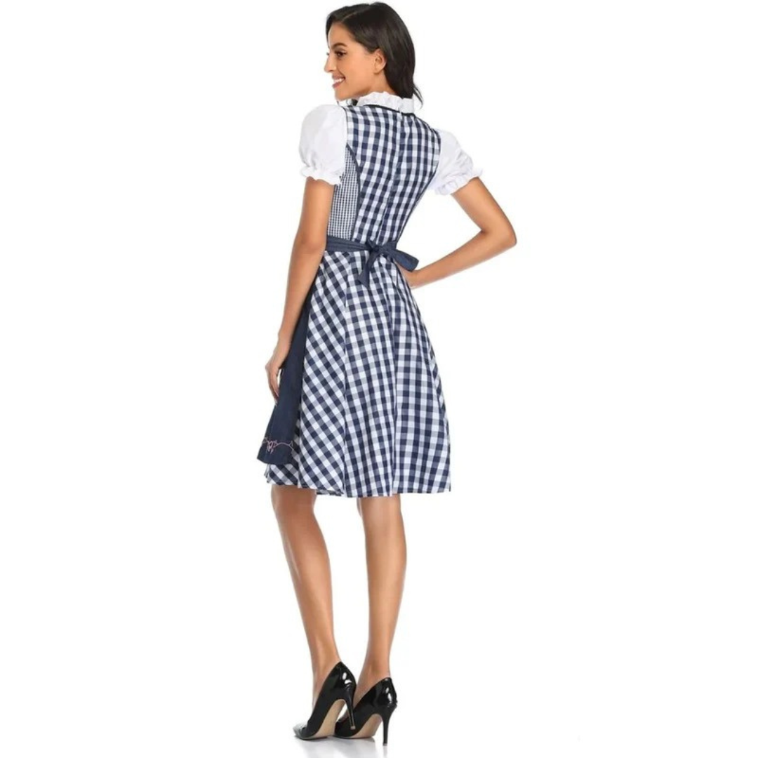 Kék-fehér kockás dirndl sötétkék köténnyel, hátulnézetben.