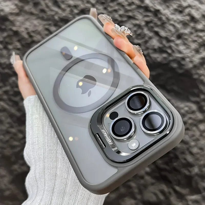 Shockproof Magnetic Phone Case with Glass Lens Guard & Stand – 1+1 FREE-Grey-For iPhone 16Pro Max-State of Style