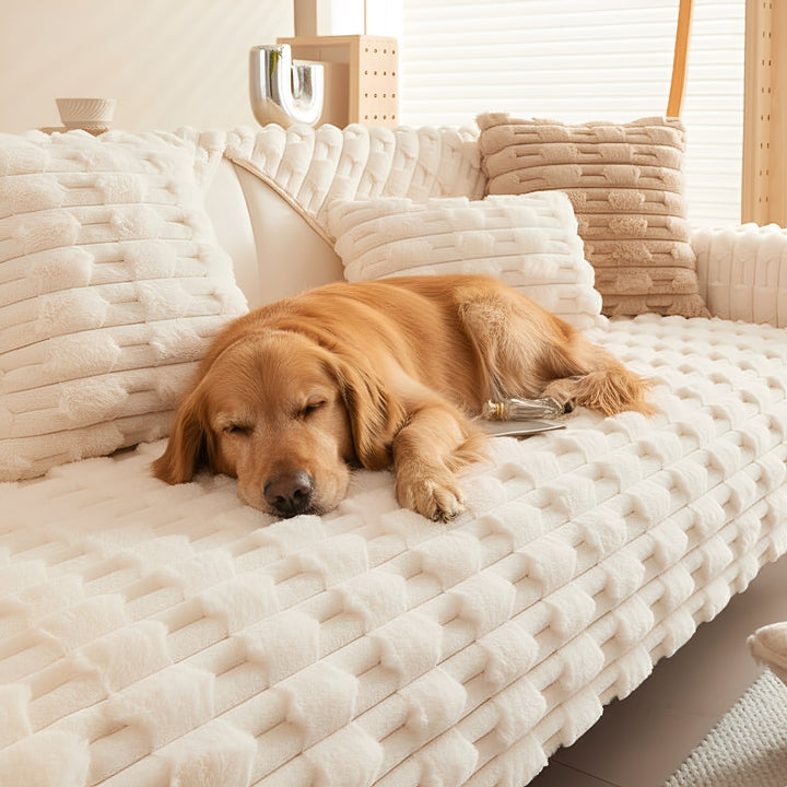 Alvó aranyszínű golden retriever fekszik a krémszínű, domború mintás plüss kanapéhuzaton, mellette hozzáillő díszpárnák. 1