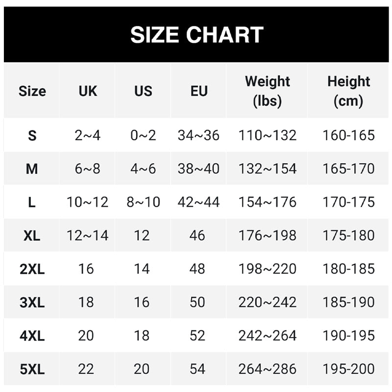 Méretátváltó táblázat S-től 5XL-ig, UK, US és EU méretekkel, testsúly és testmagasság szerint. 12