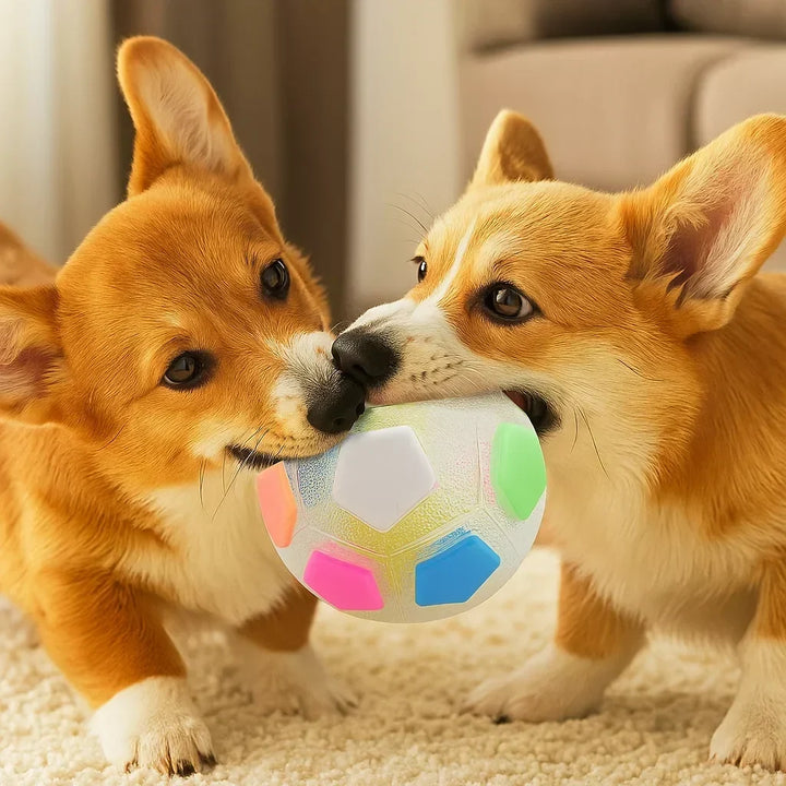 Két corgi együtt tartja a szájában a világos, áttetsző labdát, amelyen színes ötszögletű betétek vannak.