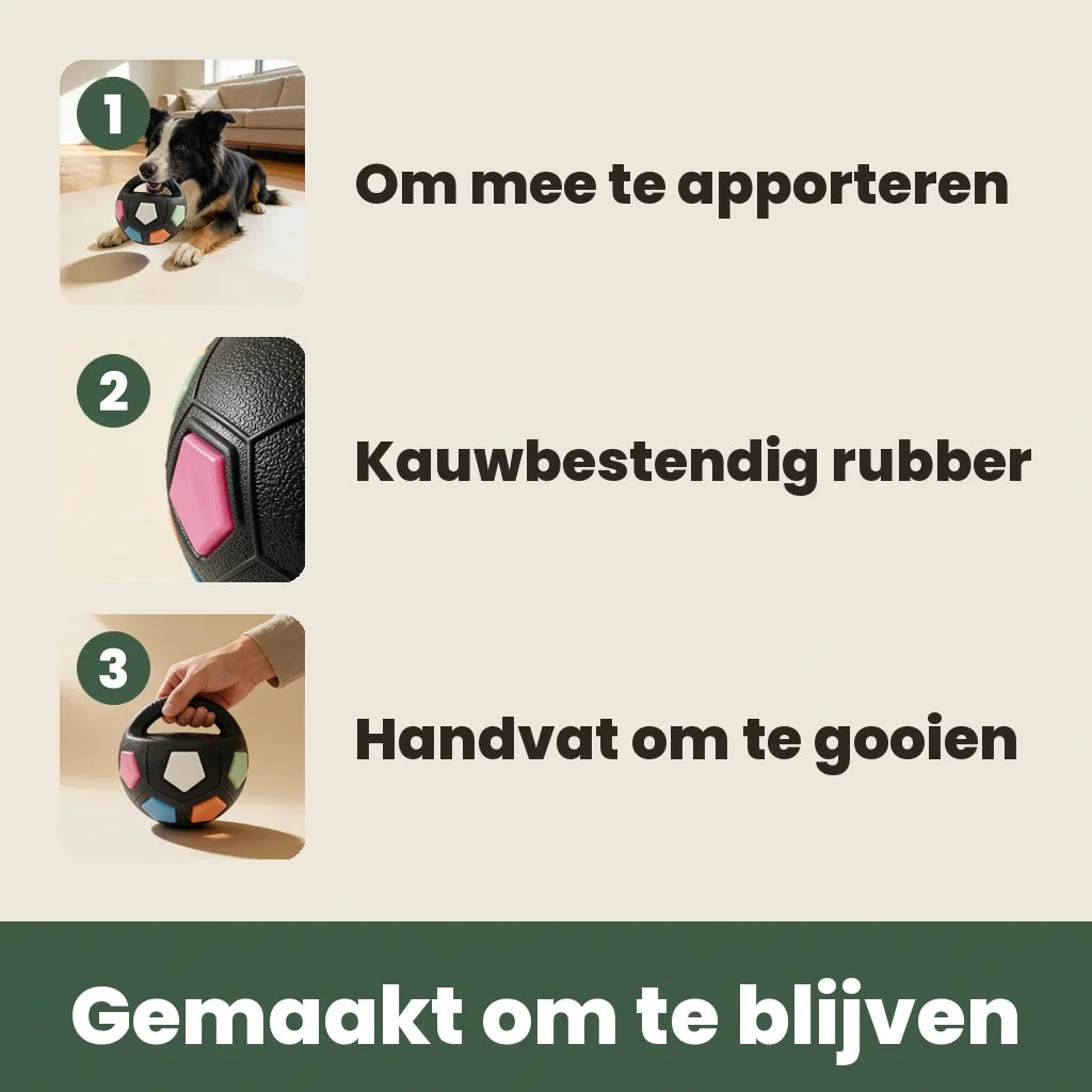 Három kis képből álló összeállítás: kutya a labdával, a gumifelület közeli részlete és kéz, amely a fogantyúnál fogva tartja a labdát.