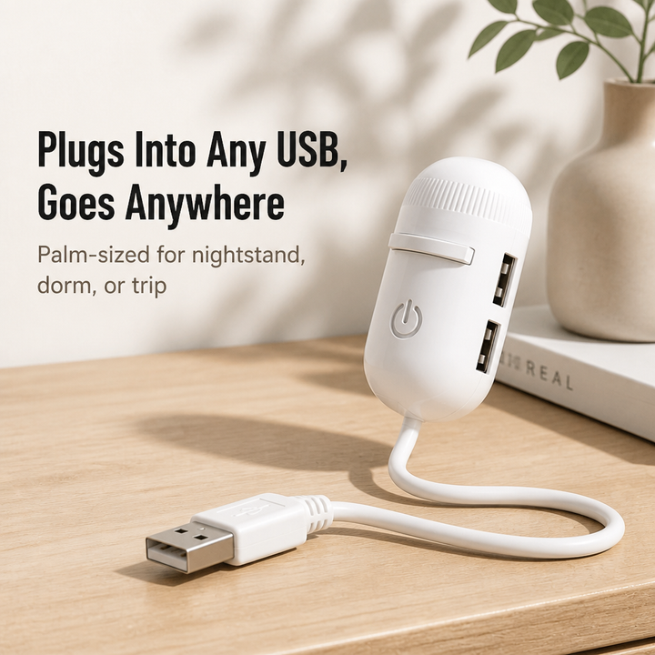 A fehér, kapszula alakú projektor részlete világos fa asztalon, USB-dugós kábellel és két USB-porttal.