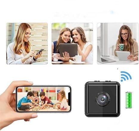Kollázs a kamera használatáról: telefonos élőkép gyerekekről, a fekete kamera közelről, wifi-jellel és akkumulátor-jelzéssel. 3